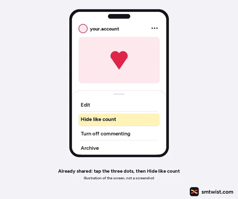 Three-dot menu on a post with Hide like count