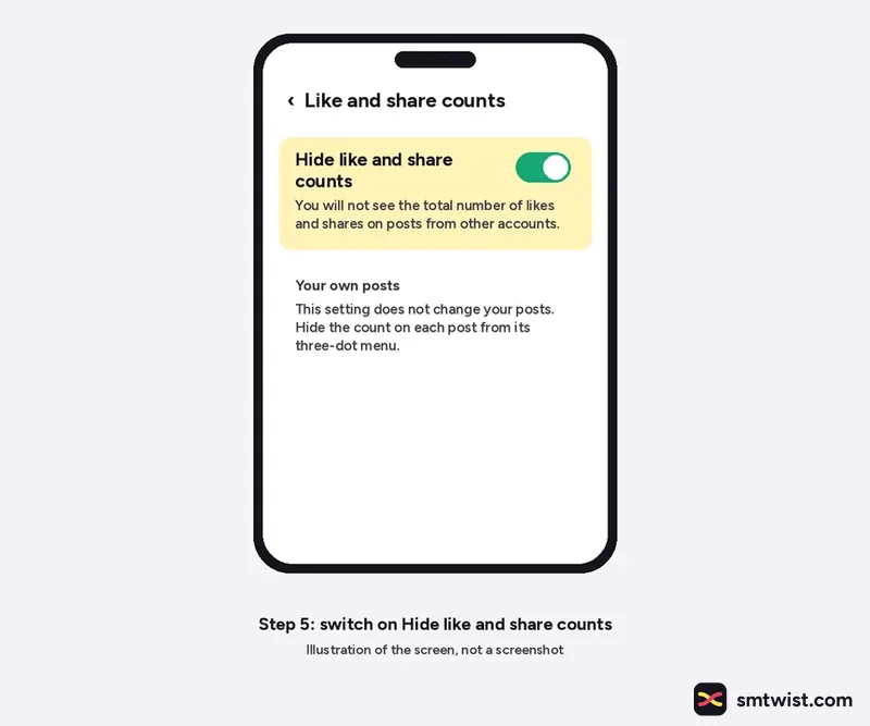 Hide like and share counts toggle switched on
