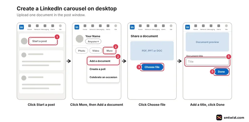 Desktop steps: Start a post, More then Add a document, Choose file