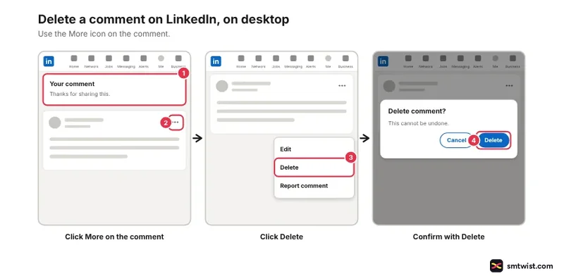Desktop steps: More icon on a comment, Delete in menu, Delete in confirmation pop-up