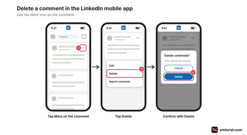 Phone steps: More icon on a comment, Delete in menu, Delete in confirmation pop-up