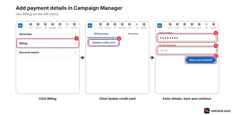 Desktop steps: Billing, Update credit card, and the card details with Save and continue