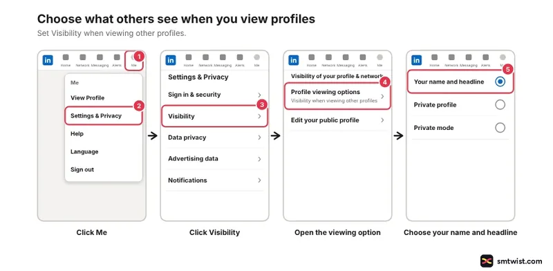 Desktop steps: Me, Settings, Privacy, Visibility, Visibility when viewing other profiles