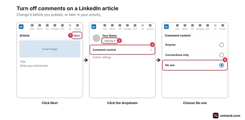Desktop steps: Next on an article, Comment control in pop-up