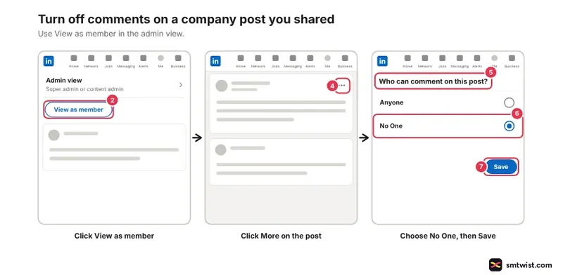 Desktop steps: View as member, More icon on post