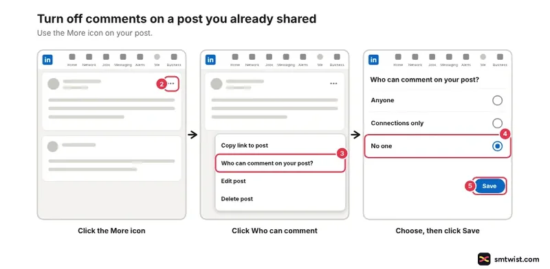 Desktop steps: More icon on a post, Who can comment on your post