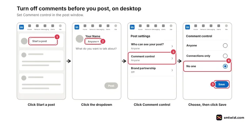 Desktop steps: Start a post, dropdown by your name, Comment control