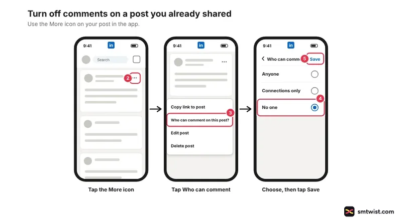 Phone steps: More icon on a post, Who can comment on this post
