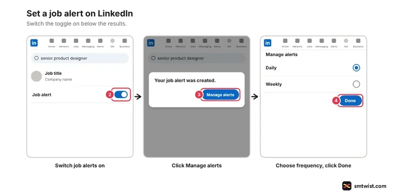 Desktop steps: job alerts toggle, confirmation with Manage alerts, frequency with Done