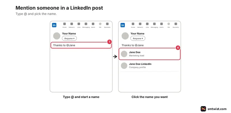 Desktop steps: typing @, a name in post box, then clicking name you want