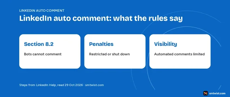 LinkedIn auto comment rules from LinkedIn Help, with penalties and limits