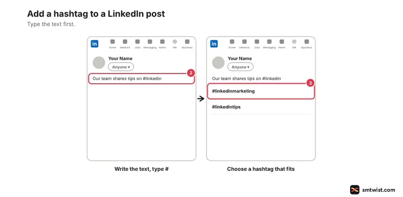 Desktop steps: typing a hashtag inside a sentence and picking a suggested hashtag