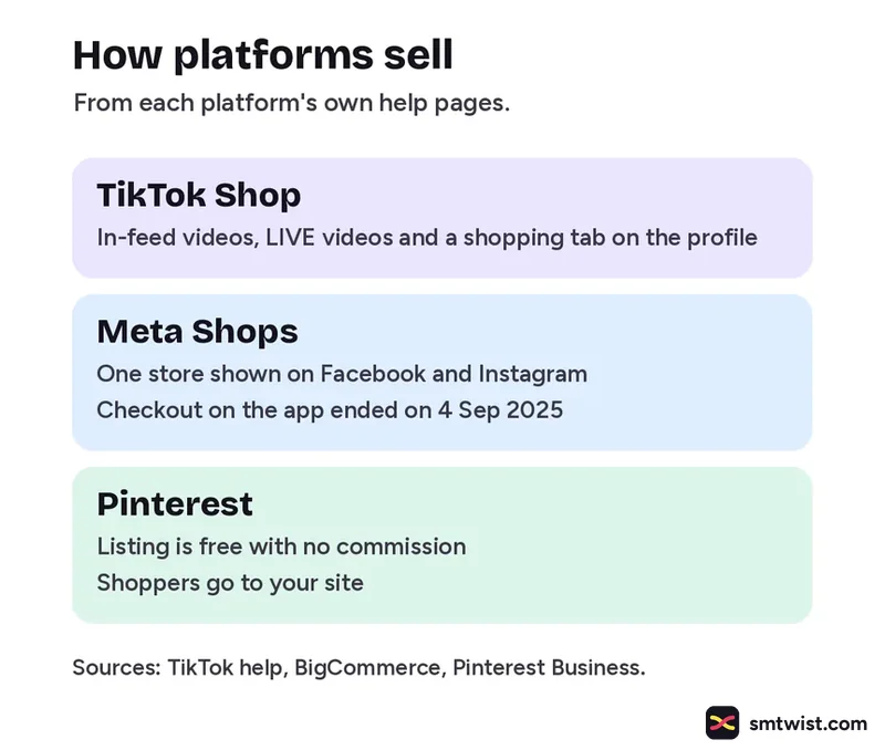 TikTok Shop, Meta Shops and Pinterest and how each one sells